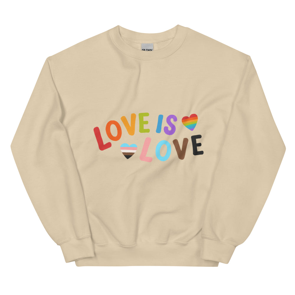 Beige unisex sweatshirt featuring "Love is Love" in colorful bold letters, with hearts in LGBTQ+, trans