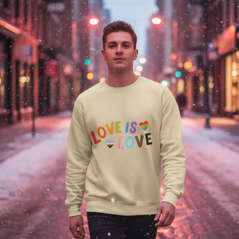 Model wearing a cream sweatshirt reading “LOVE IS LOVE” with rainbow and pride-flag hearts