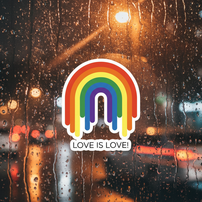 Bubble-free vinyl sticker shows “LOVE IS LOVE!” over a melting rainbow on a rain-streaked window