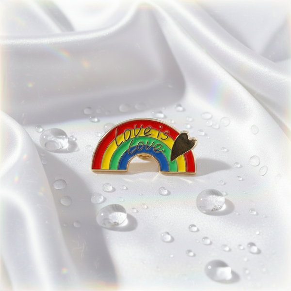 Rainbow enamel pin reading “Love is Love,” with a heart accent on white satin