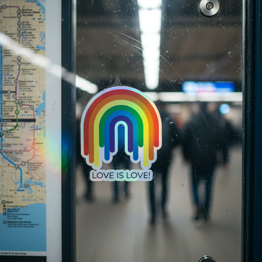 Love Is Love rainbow holographic sticker shines on subway glass with a transit map and city crowd