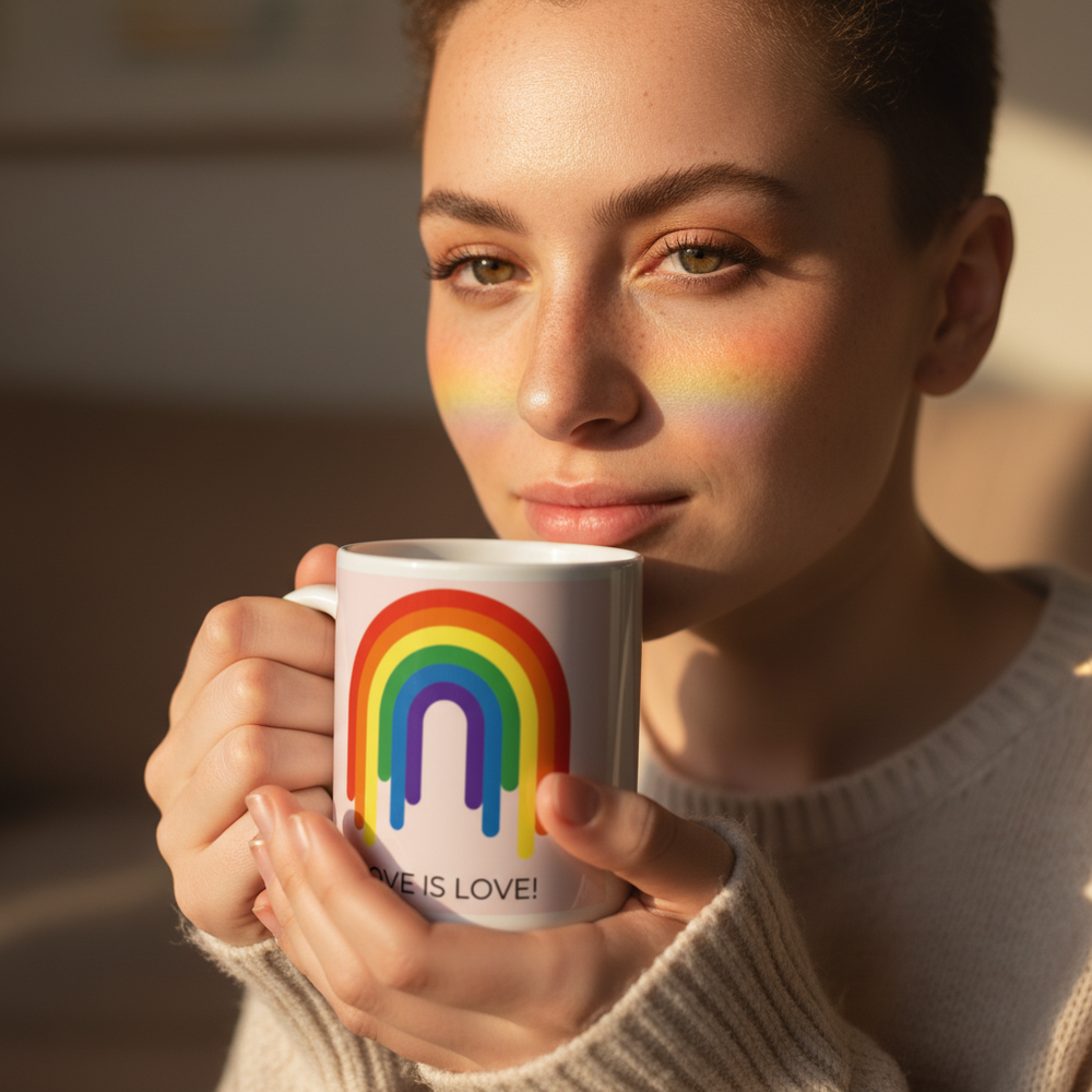 Person in a sweater holding a white mug with a rainbow and “LOVE IS LOVE!” text