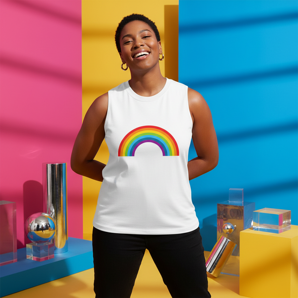 Love Is Love Rainbow Muscle Top and black pants worn by a smiling person in a studio with pink, yellow