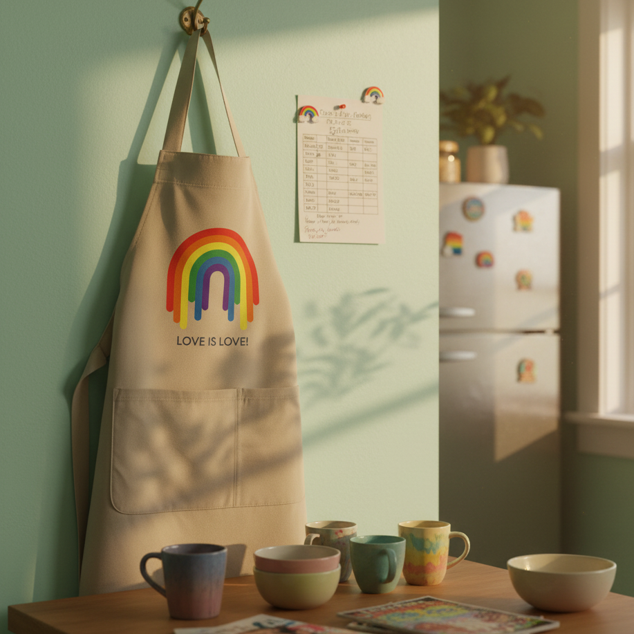 Hanging beige apron with a rainbow graphic, “LOVE IS LOVE!” text, and front pocket