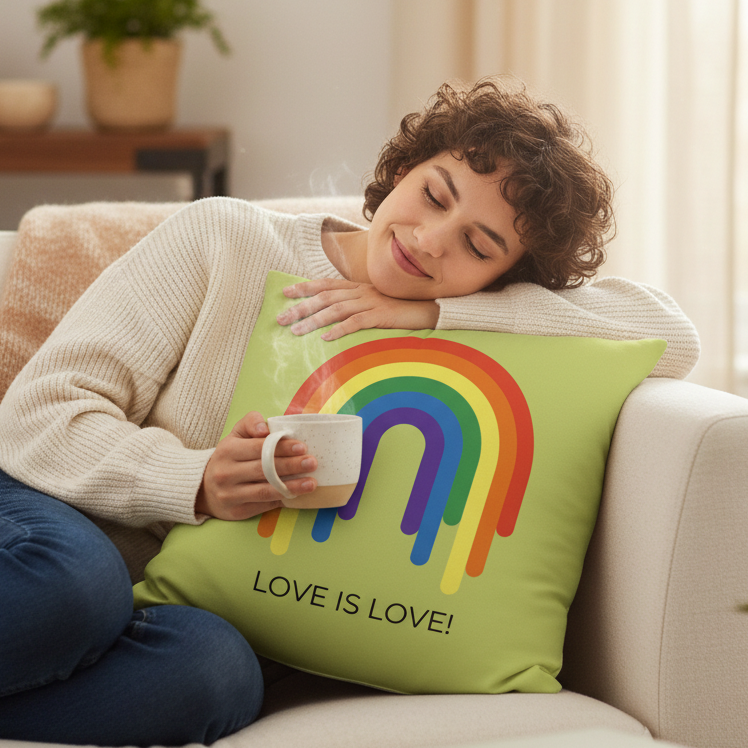 Person with curly hair hugs "Love Is Love" rainbow pillow on beige couch, smiling with a white mug