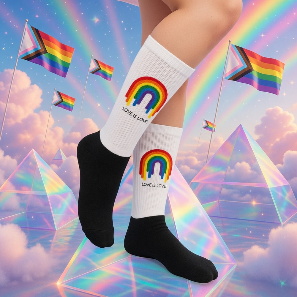 White crew socks with soft rainbow arches and bold "LOVE IS LOVE" text, worn tiptoe by a person against Progress Pride flags.