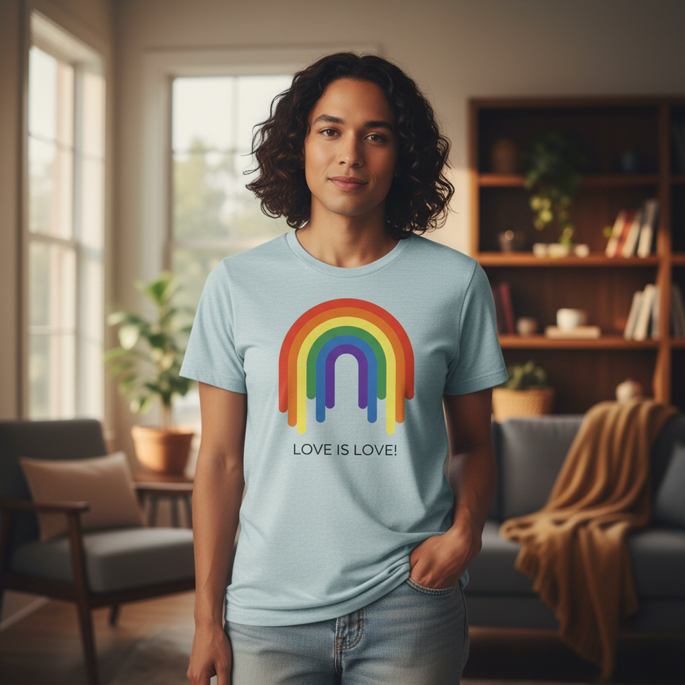 Love Is Love Rainbow T-Shirt with bold rainbow colors and slogan, worn by someone with curly dark hair and jeans