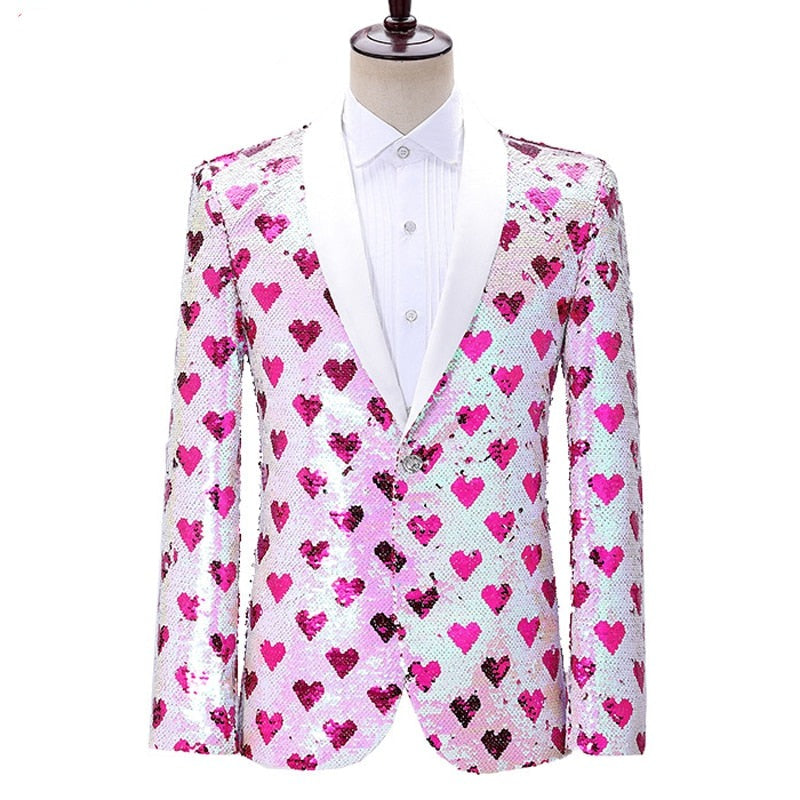 Front-view white sequin blazer covered in pink, magenta, and black heart shapes on a mannequin
