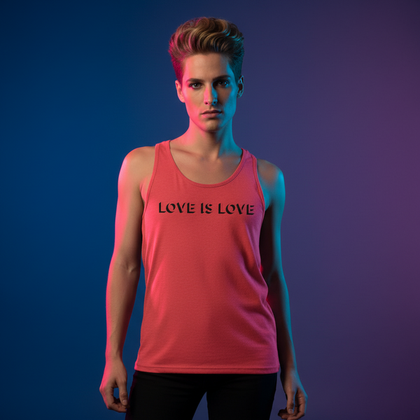 Love Is Love Unisex Tank Top on a short-haired person, vibing confidently