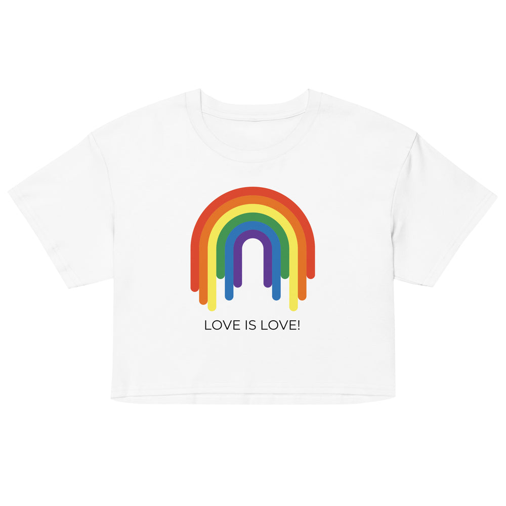 Front view of a white gay crop top with a rainbow graphic and “LOVE IS LOVE!” text