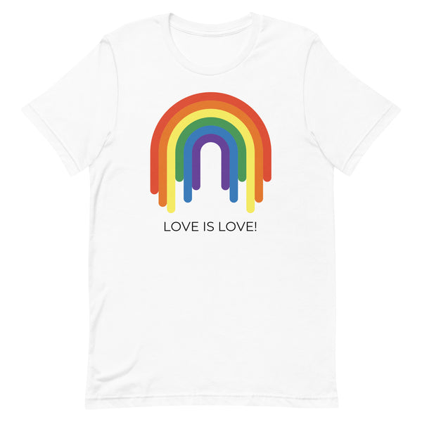 Front view of a white T-shirt with a rainbow graphic and “LOVE IS LOVE!” text