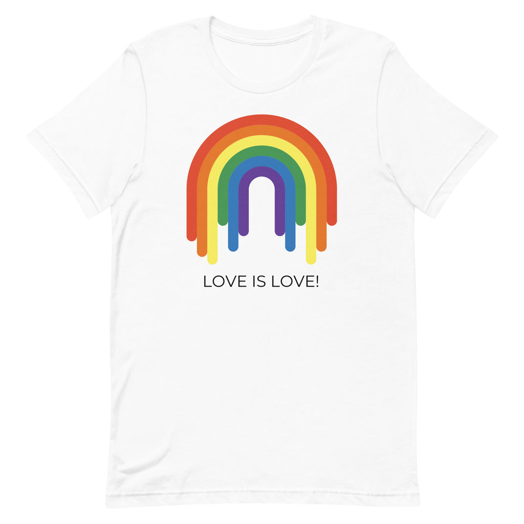 Front view of a white T-shirt with a rainbow graphic and “LOVE IS LOVE!” text