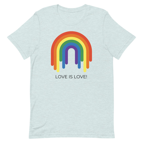 Flat-lay light blue T-shirt with a rainbow arch graphic and “LOVE IS LOVE!” text