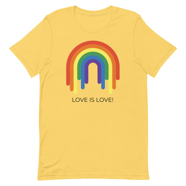 Front view of a yellow T-shirt with a rainbow graphic and “LOVE IS LOVE!” text