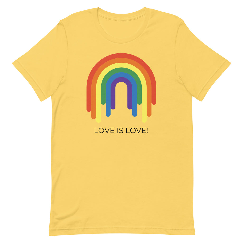 Front view of a yellow T-shirt with a rainbow graphic and “LOVE IS LOVE!” text