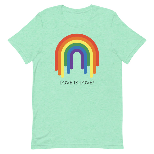 Front view of a mint green T-shirt with a rainbow graphic and “LOVE IS LOVE!” text