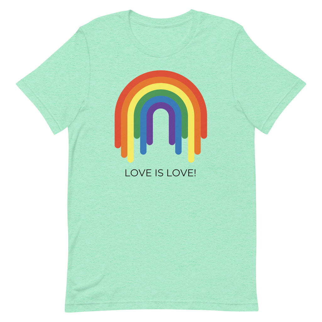 Front view of a mint green T-shirt with a rainbow graphic and “LOVE IS LOVE!” text