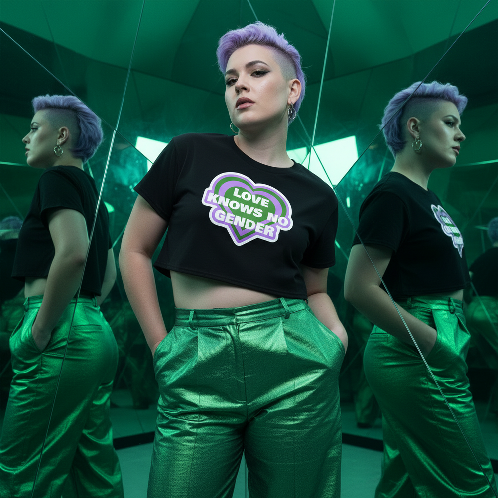 Model wearing a black cropped T-shirt reading “LOVE KNOWS NO GENDER” in a mirrored room