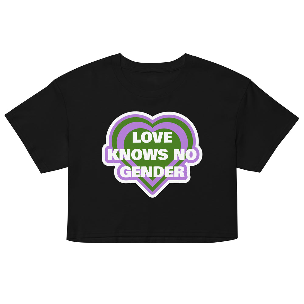 Front view of a black cropped T-shirt with purple and green hearts reading “LOVE KNOWS NO GENDER”