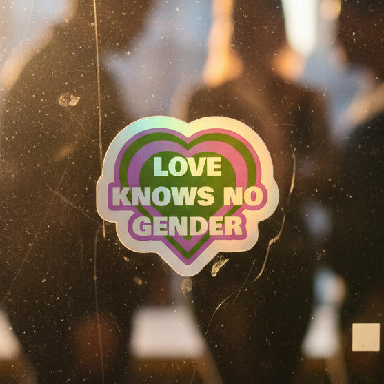 Genderqueer holographic heart sticker with green, purple, and white stripes, “LOVE KNOWS NO GENDER,” on glass background.