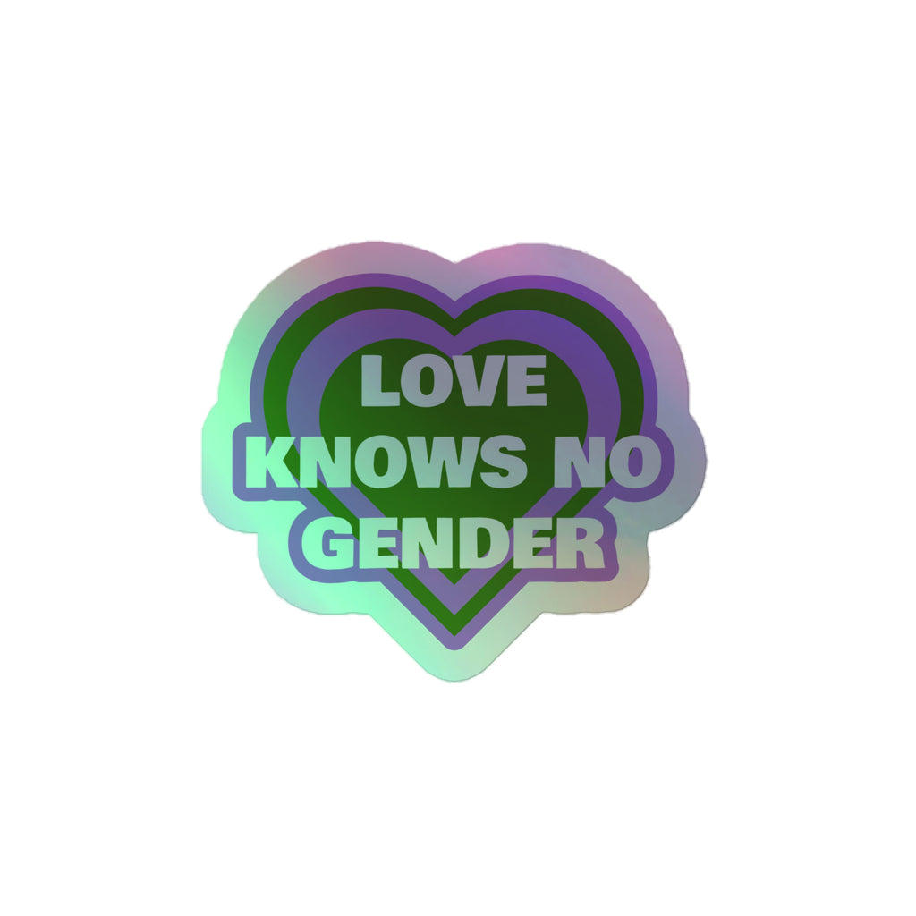 Heart-shaped vinyl sticker reads "Love Knows No Gender" in bold