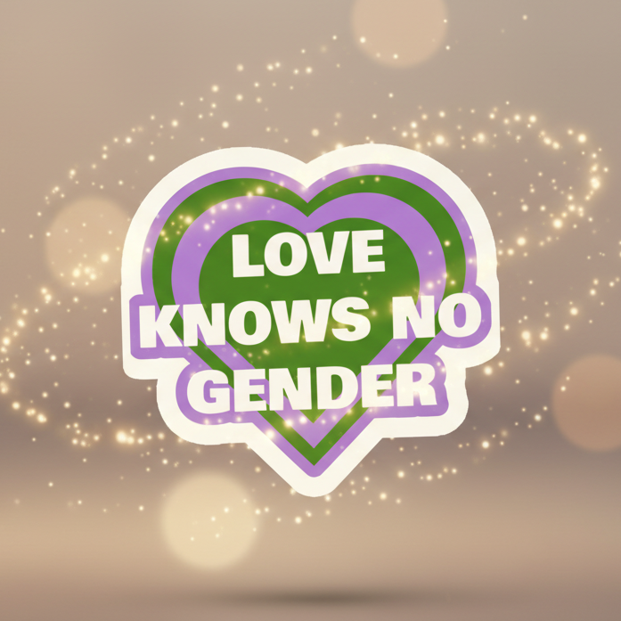 Heart-shaped magnet reading “LOVE KNOWS NO GENDER” in white and purple lettering