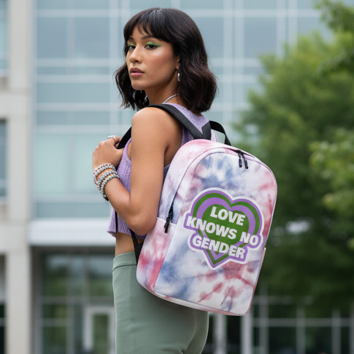 Genderqueer Minimalist Backpack with “Love Knows No Gender” and green heart, worn by queer person in purple top, green pants.