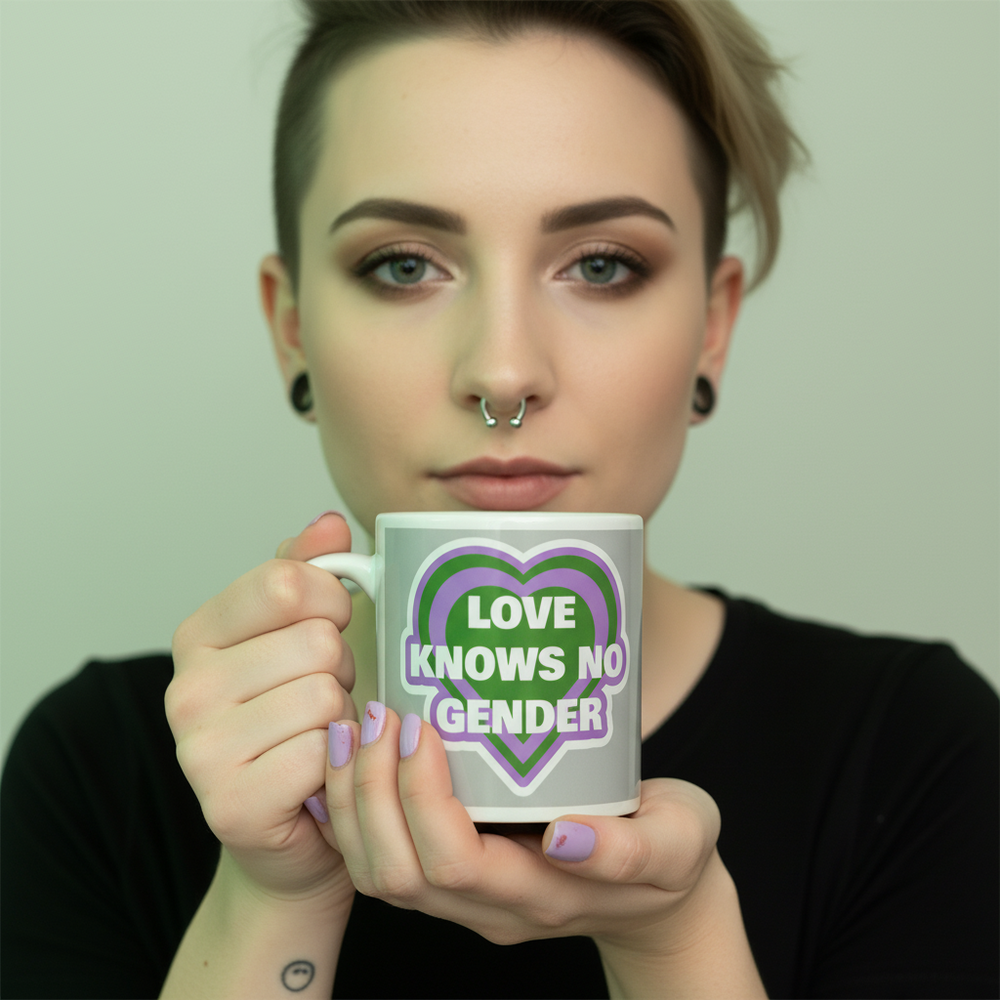 Person holding a gray mug reading “LOVE KNOWS NO GENDER” over a purple and green heart