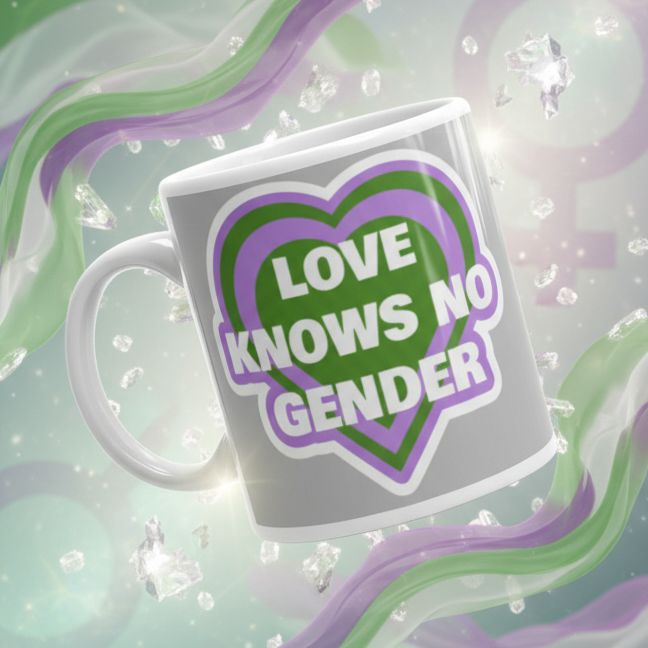 Angled white mug with a purple-and-green heart reading “LOVE KNOWS NO GENDER”
