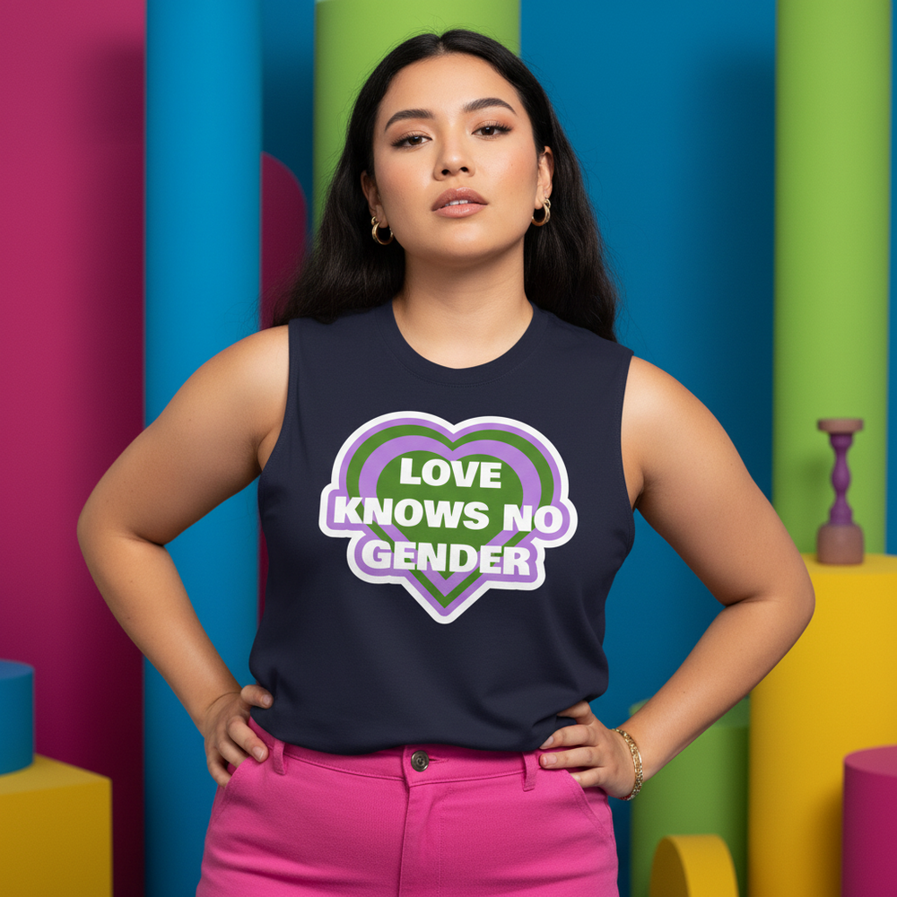 Genderqueer Muscle Top with “Love Knows No Gender” in a green and purple heart, worn by a person in pink pants