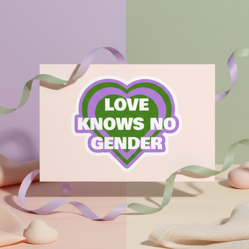 Genderqueer postcard with a green heart, bold white text, pastel purple and green background