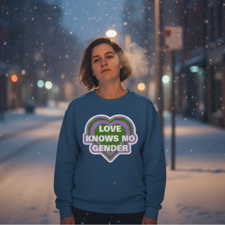 Person wearing a blue sweatshirt reading “LOVE KNOWS NO GENDER” in a snowy city street