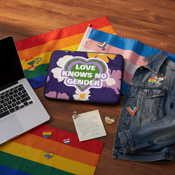 Love Knows No Gender laptop sleeve with a bold rainbow heart sits near a laptop, denim jacket with LGBTQ+ pins