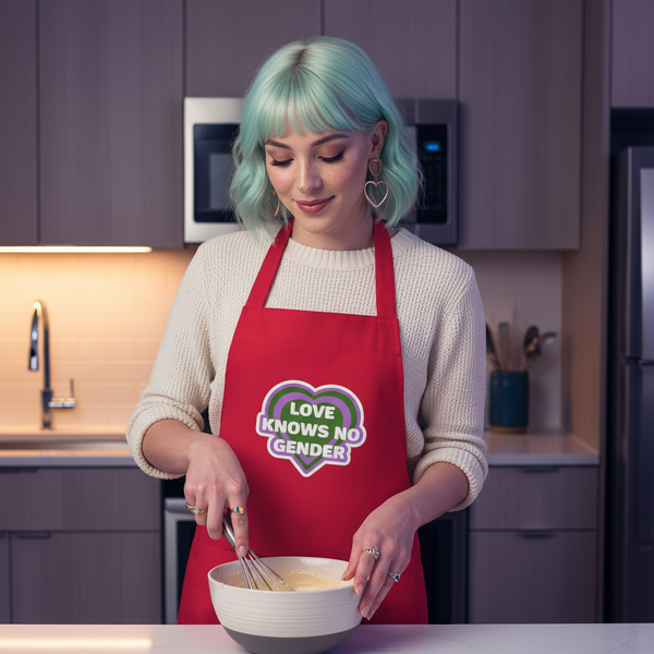 Person whisking batter in a kitchen while wearing a red apron reading “LOVE KNOWS NO GENDER”