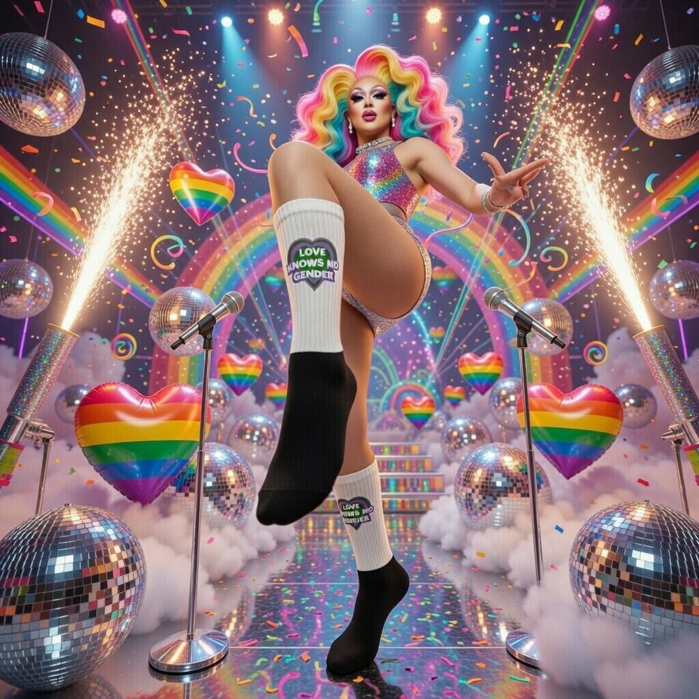 Love Knows No Gender Socks pop on a drag artist in a glittery suit and rainbow wig