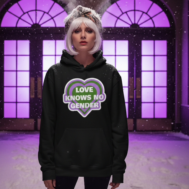 Front-facing person wearing a black hoodie with a heart graphic reading “LOVE KNOWS NO GENDER”