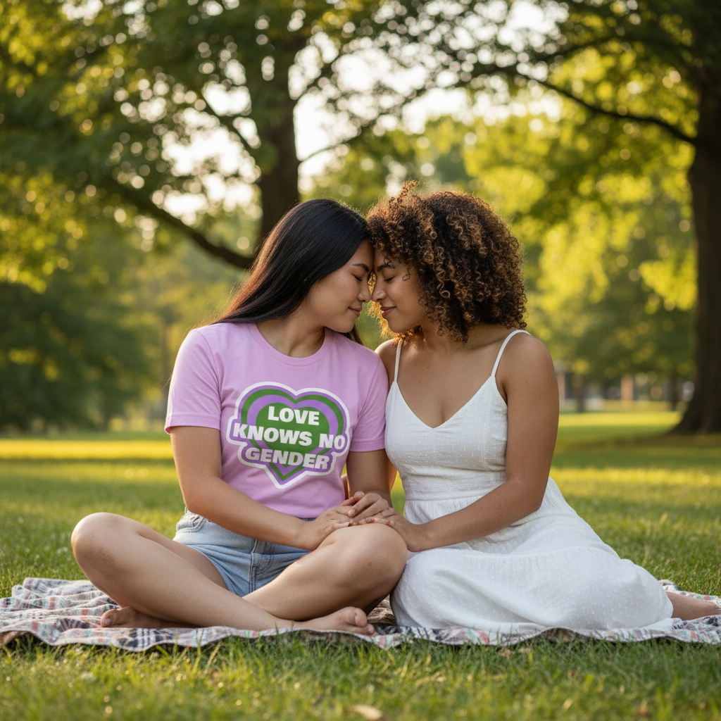 Seated couple in a park, one wearing a pink “LOVE KNOWS NO GENDER” T-shirt