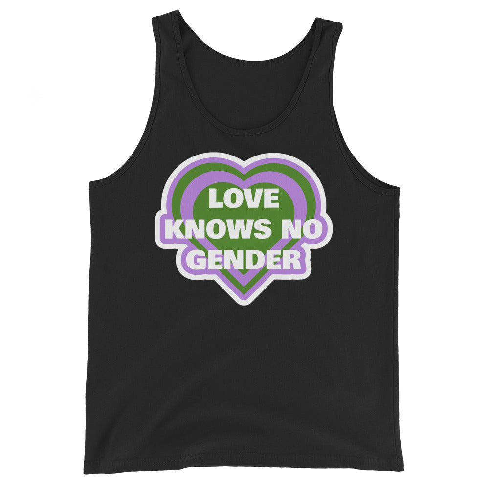 Unisex black tank top with a green, purple, and white heart and "LOVE KNOWS NO GENDER" slogan; perfect queer pride staple.