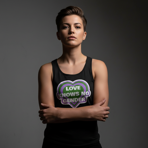 Love Knows No Gender unisex tank top with heart graphic and green, purple lettering