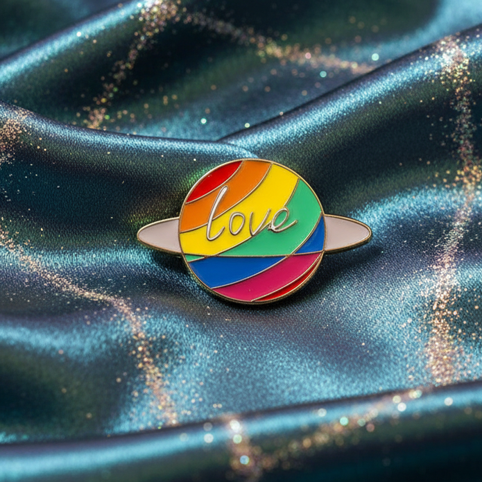 Love enamel pin shaped like a rainbow-colored planet with silver rings