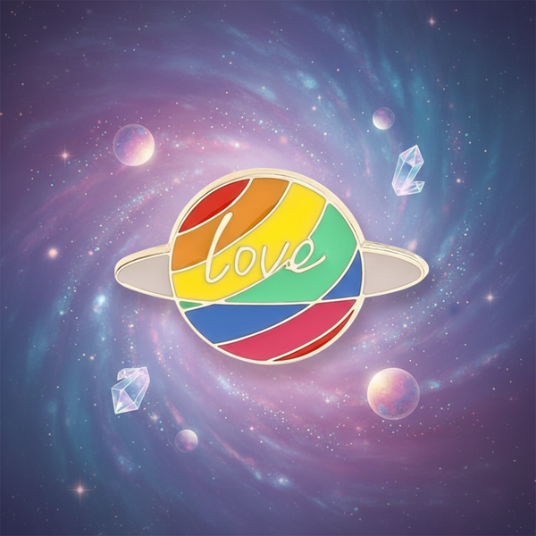 Love enamel pin shaped like a ringed planet with rainbow-colored bands