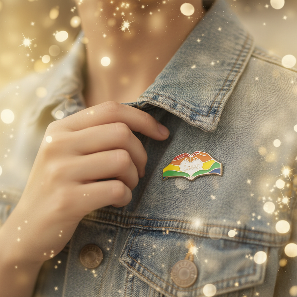 Close-up of a rainbow hands enamel pin reading “Love” on a denim jacket