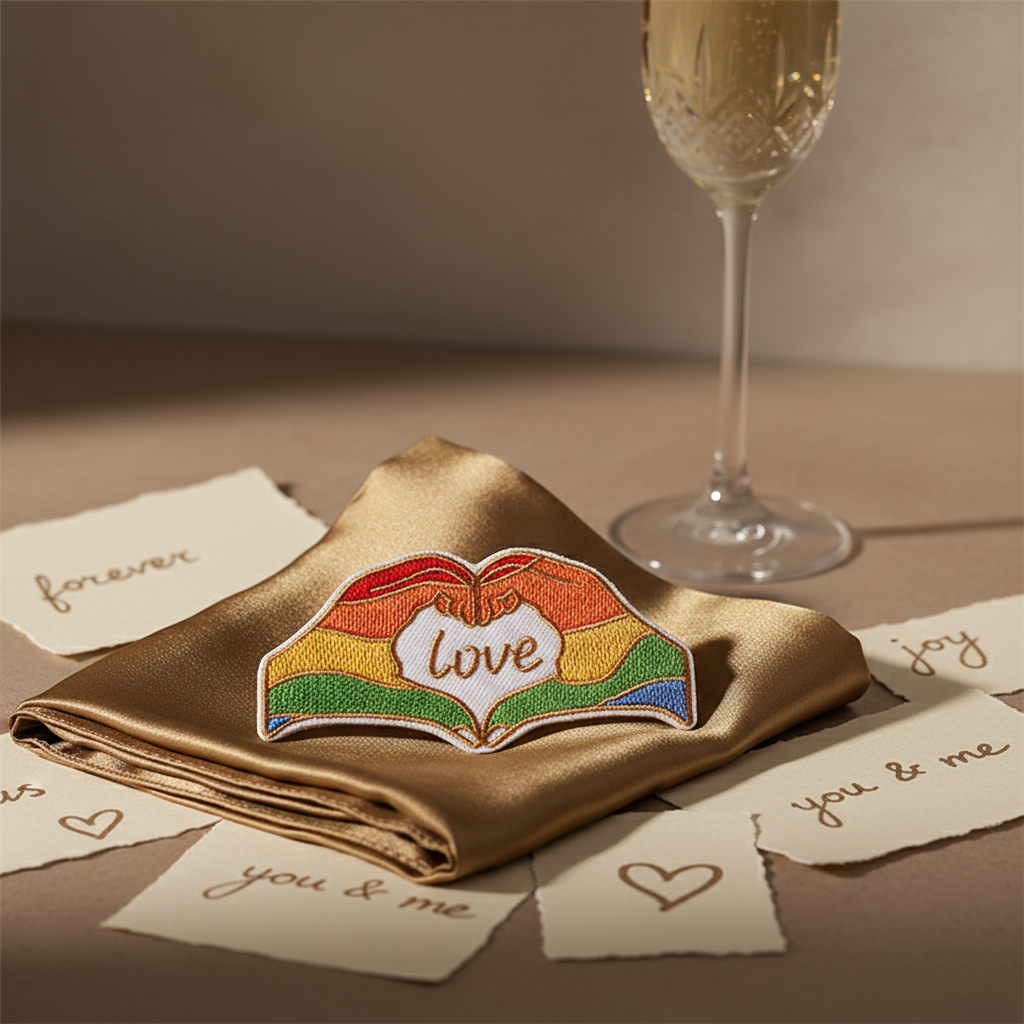 Love embroidered iron-on patch with rainbow-striped clasped hands on folded satin