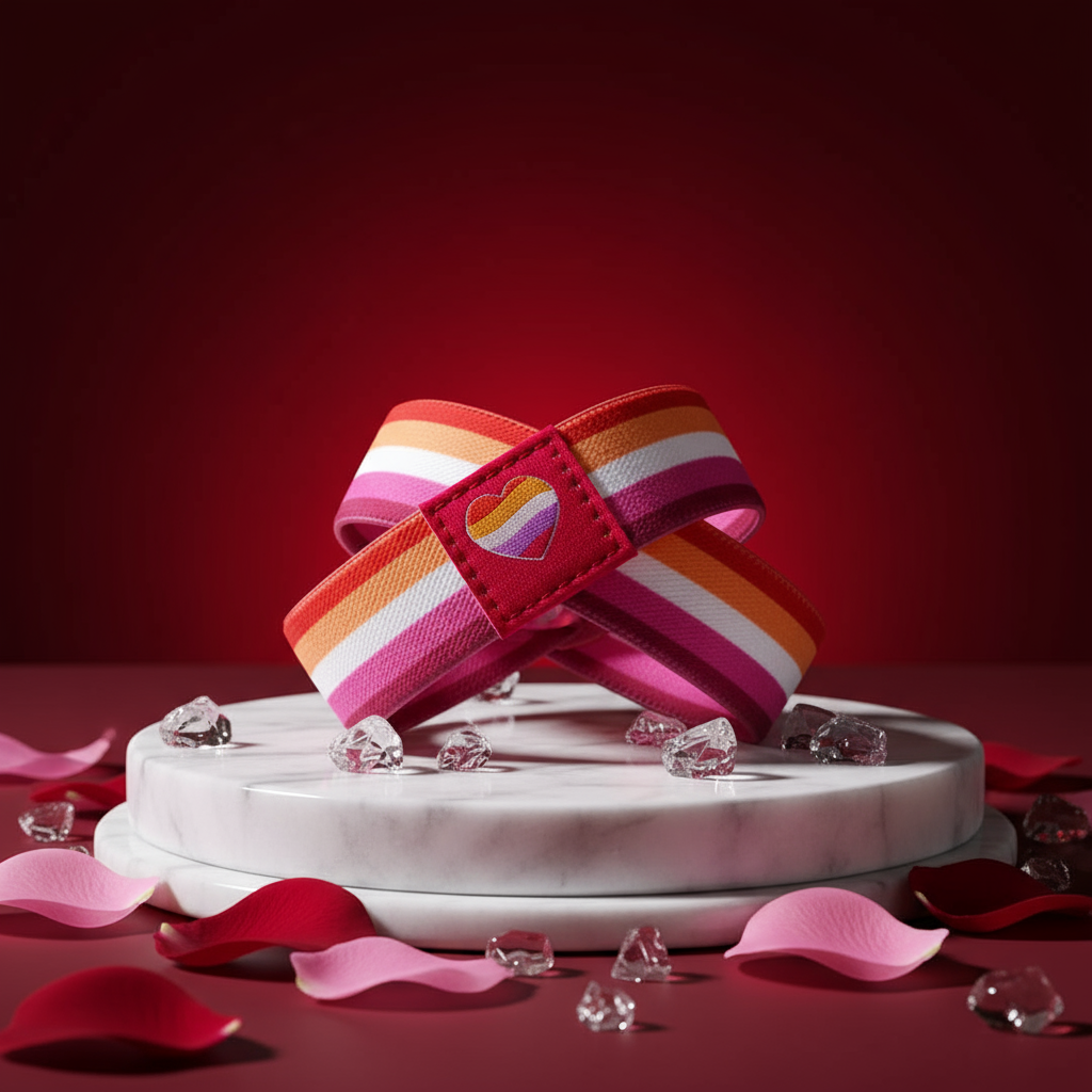 Two striped wristbands crossed on a white pedestal, with a heart patch and rose petals
