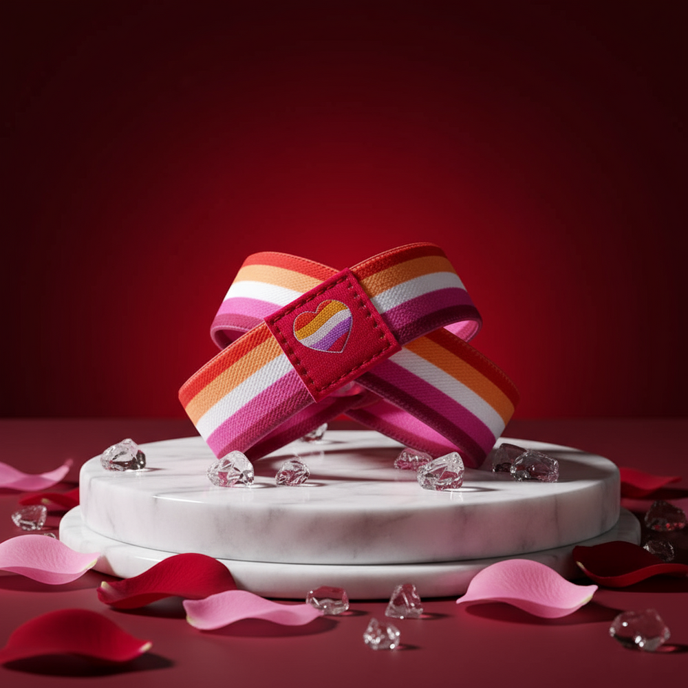 Two striped wristbands crossed on a white pedestal, with a heart patch and rose petals