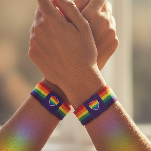 Two crossed wrists wearing matching rainbow bracelets with heart patches