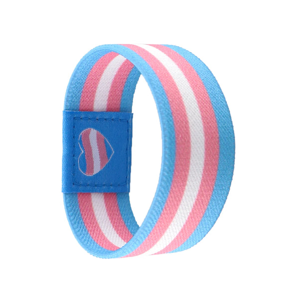 Close-up of a blue, pink, and white striped fabric wristband with a matching flag emblem