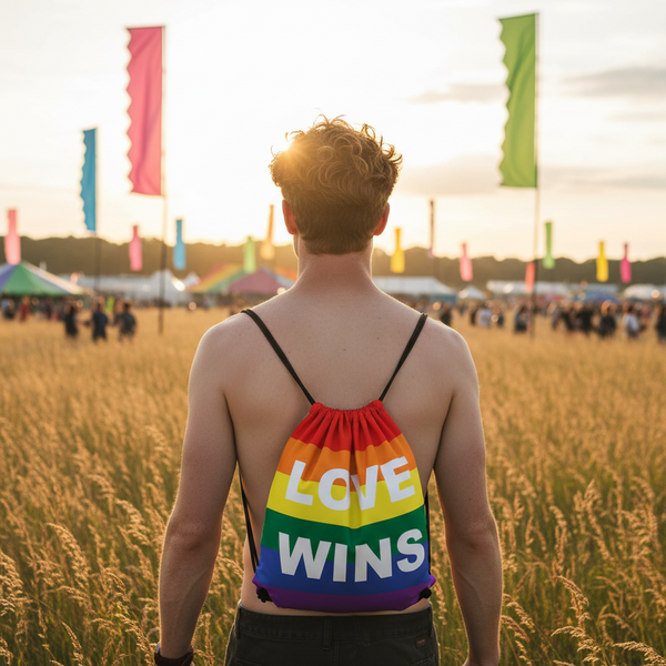 Love Wins All Over Drawstring Bag worn at a sunny festival, with rainbow flags, colorful tents