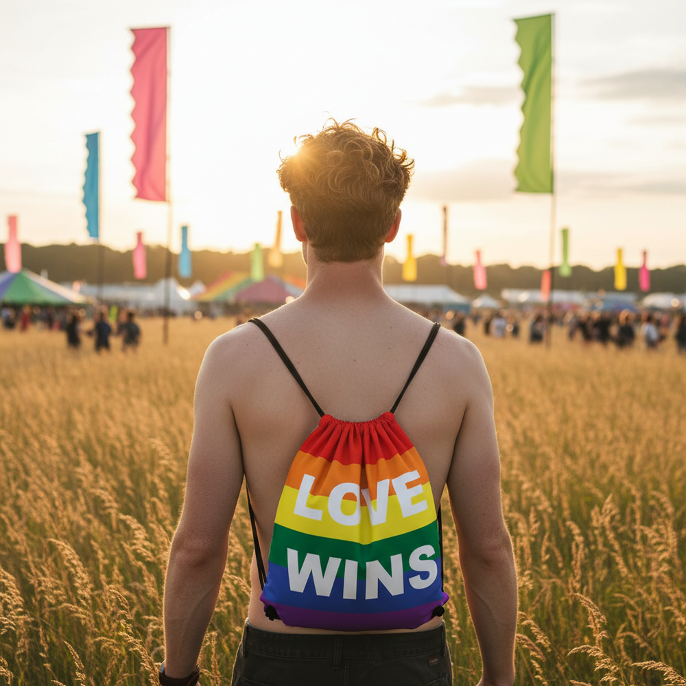 Love Wins All Over Drawstring Bag worn at a sunny festival, with rainbow flags, colorful tents