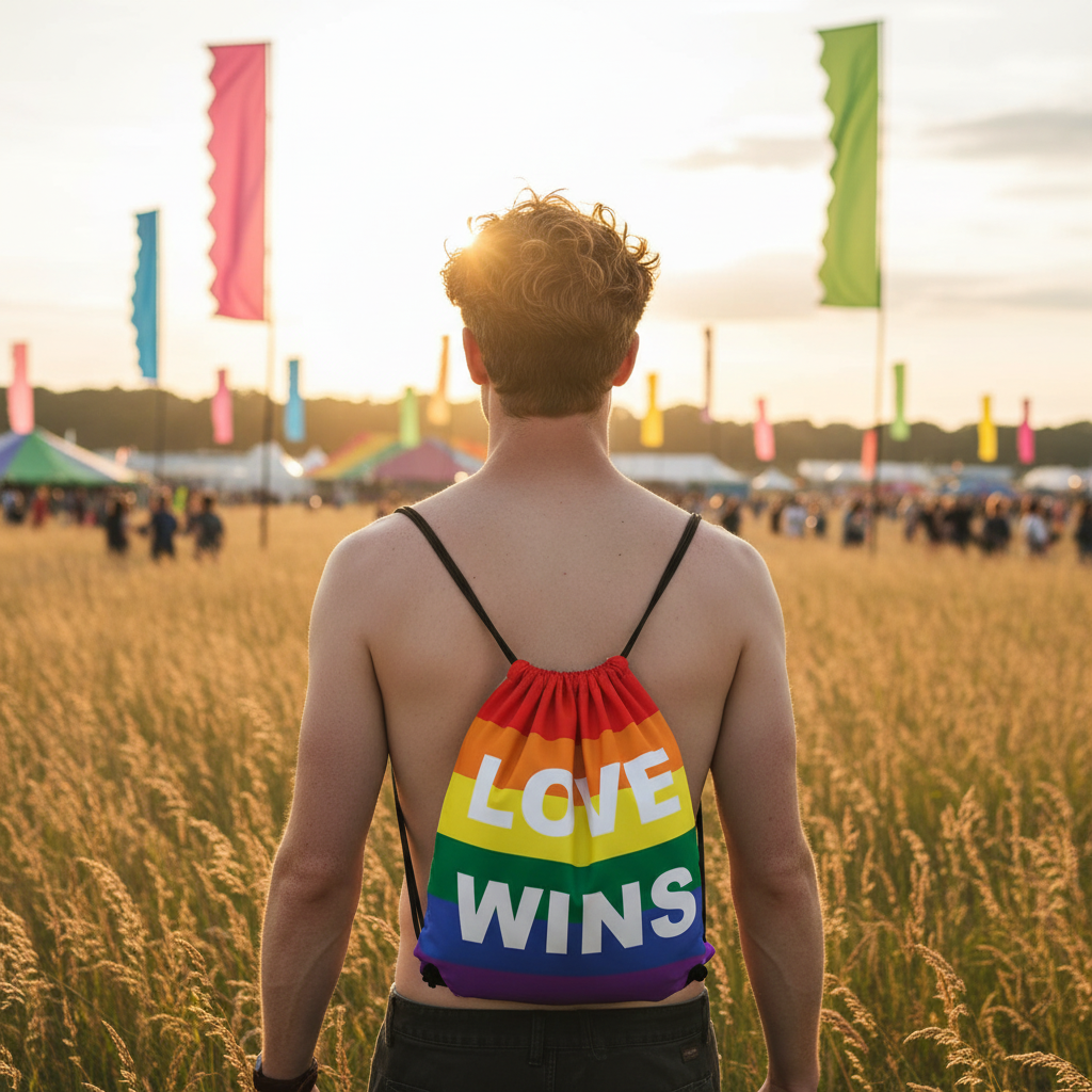Love Wins All Over Drawstring Bag worn at a sunny festival, with rainbow flags, colorful tents